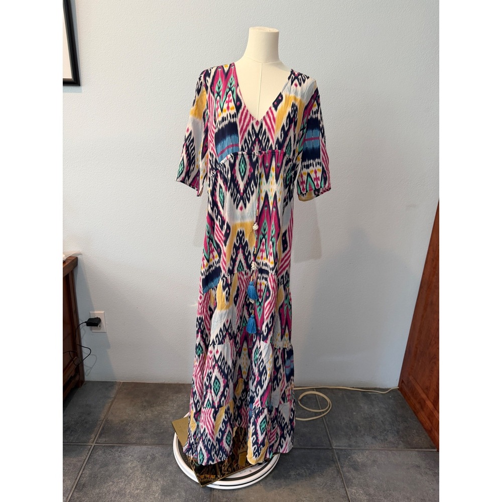 Figue Ikat Avery Maxi Dress V-Neck Tassel Boho Chic Resortwear Tribal Size Large - Picture 2 of 11